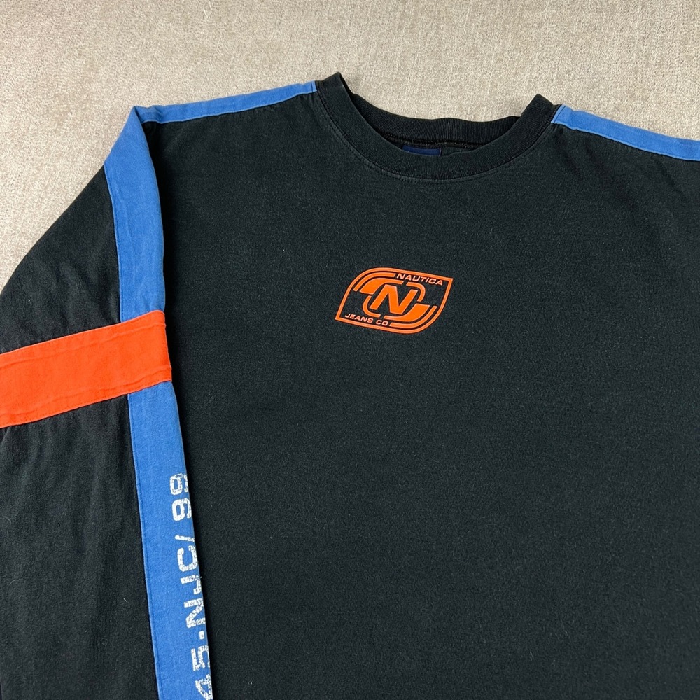 Y2K Nautica Jeans Co Long Sleeve T-Shirt Mens Small Black Colorblock Surf Beach